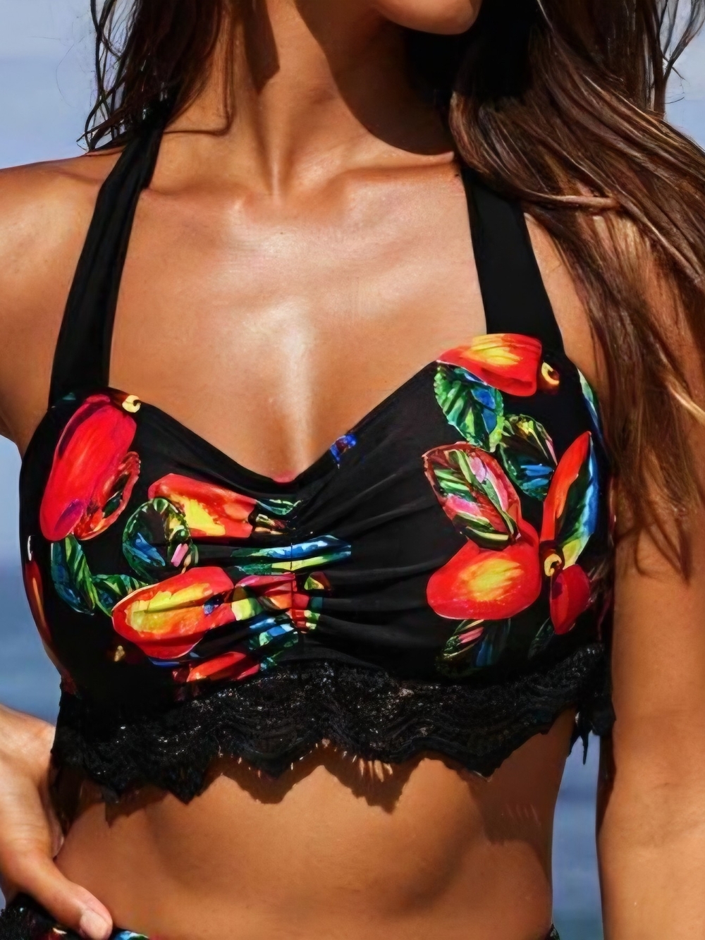 Black Tropical Floral Halter Bikini Top with Lace Trim Plus Size Swimsuit Swim